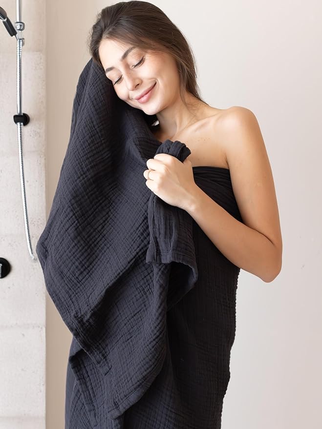 Muslin Bath Towel Pack of 2 32"x67" Inch Large Size, 100% Turkish Cotton, Thin, Soft, Quick-Dry, Lint-Free Bath Towels (Black, Pack of 2 Bath Towels)