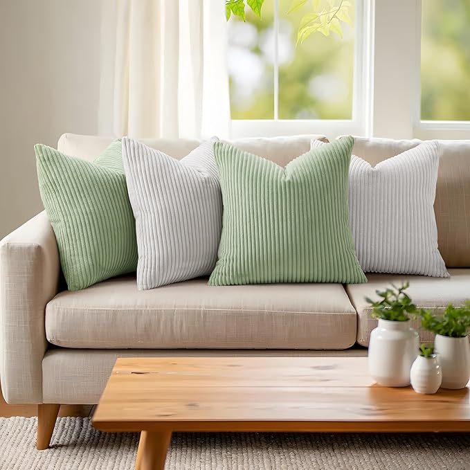 Mecatny Corduroy Decorative Throw Pillow Covers 18x18 Set of 2 for Sofa Living Room, Soft Neutral Boho Couch Pillow Covers for Home Decor, Sage Green