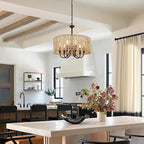 LynPon 17.7" Black Rattan Boho Chandeliers Light Fixtures, 6-Light Farmhouse Hand-Woven Pendant Light with Wicker Shade, Vintage Coastal Hanging Light for Dining Room Living Room Kitchen Hallway