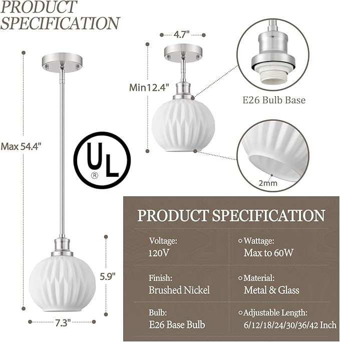 Brushed Nickel Pendant Lights Kitchen Island 2 Pack, 7.3" Milk Glass Modern Pendant Light Fixtures with Rods, Globe Hanging Lighting for Kitchen Sink Bathroom Dining Room, E26 Base