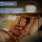 Arc Floor Lamp for Bedroom, Boho Standing Lamp with Remote & LED Smart Bulb, Rattan Floor Lamps for Living Room with 3 Color Temperatures, Height Adjustable Corner Tall Lamp, Stand up Light for Office