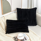 Throw Pillow Covers Decorative Faux Fur Set of 2 12x20 Inch Pillow Covers, Soft Black Lumbar Plush Striped Pillowcases for Couch Sofa Bed Living Room, Fluffy Cute Home Boho Accent Fuzzy Decor