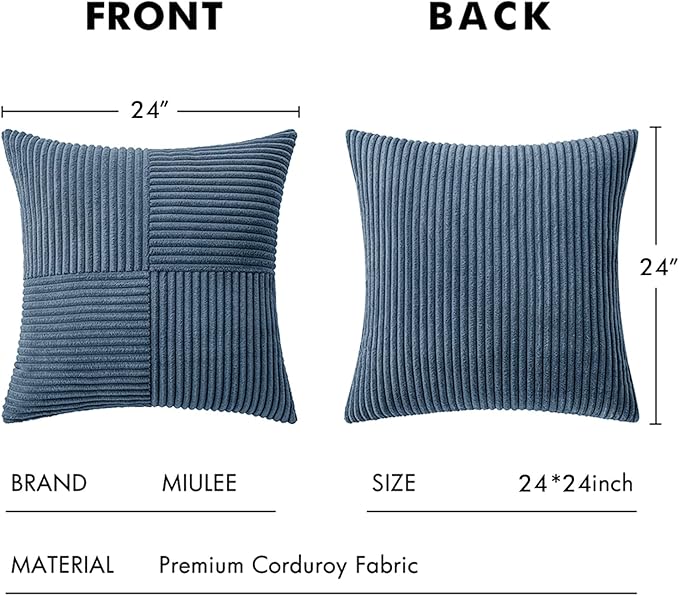 MIULEE Blue Corduroy Pillow Covers Pack of 2 Boho Decorative Spliced Throw Pillow Covers Soft Solid Couch Pillowcases Cross Patchwork Textured Cushion Covers for Living Room Bed Sofa 24x24 inch