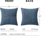MIULEE Blue Corduroy Pillow Covers Pack of 2 Boho Decorative Spliced Throw Pillow Covers Soft Solid Couch Pillowcases Cross Patchwork Textured Cushion Covers for Living Room Bed Sofa 24x24 inch