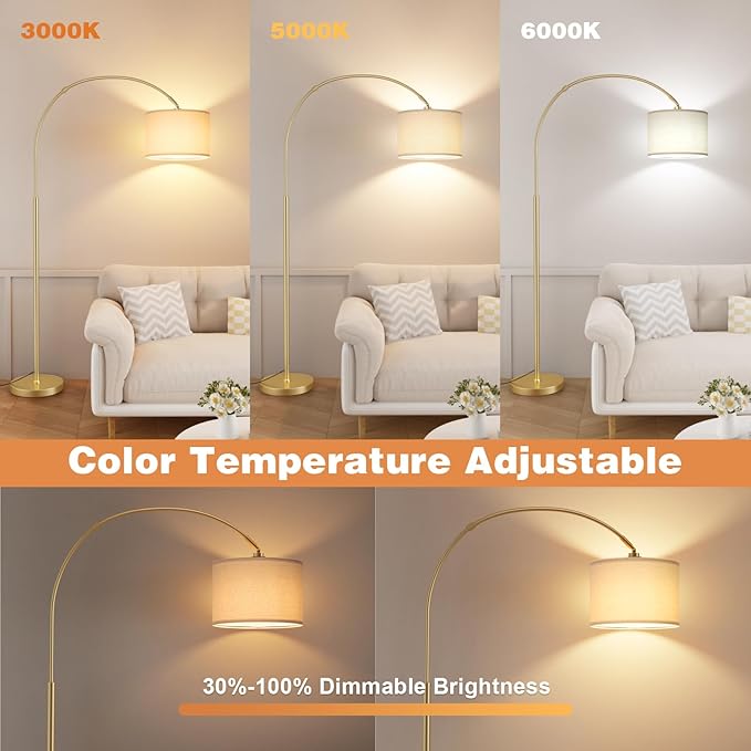 Ambimall Dimmable Arc Floor Lamp with Remote, Color Temperatures and Brightness Adjustable, Arched Floor Lamp with Rotating Head, Over Couch Arched Reading Light for Living Room (Deep Beige and Gold)