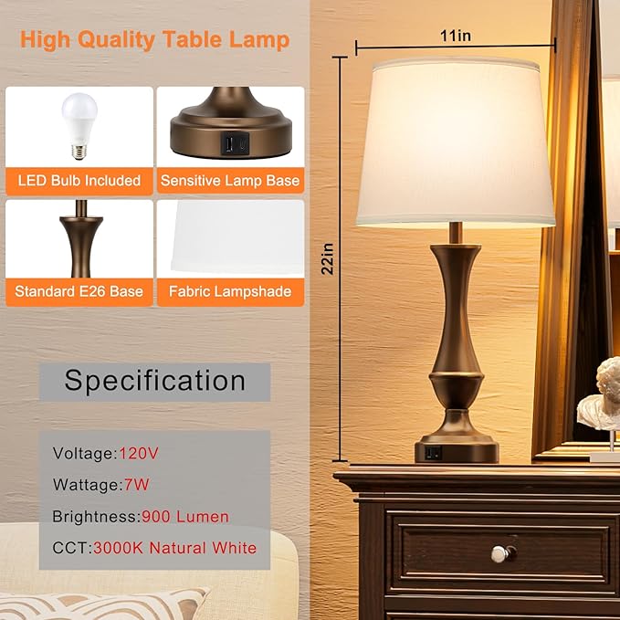 Upgraded Touch Lamps for Night Stands Set of 2 - Bedside Lamps with USB C+A, 3 Way Dimmable for Bedroom Living Room End Tables Office (White&Brown)