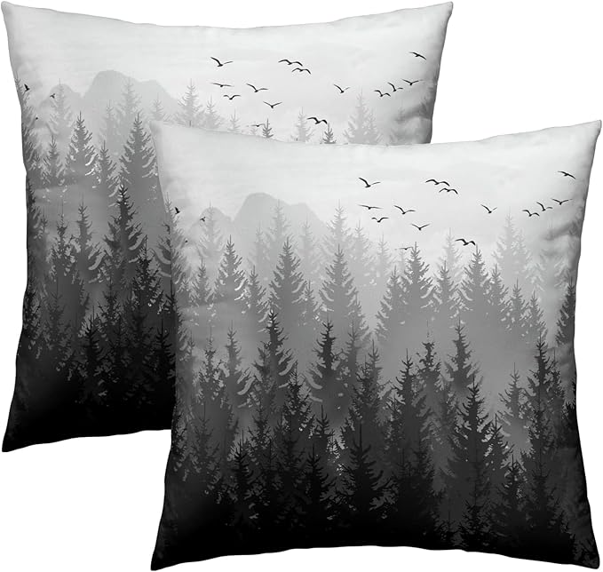 Grey Forest Pillow Covers 18x18 Inch Set of 2, Black Gray Trees and Mountain Square Throw Pillow Case Decorative Cushion Cover Soft Cotton Pillowcase for Home Couch Bed Sofa