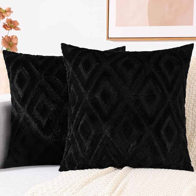 decorUhome Couch Throw Pillow Covers 16x16 Set of 2, Decorative Soft Plush Faux Wool Neutral Accent Pillow Covers for Bed Sofa Living Room, Black