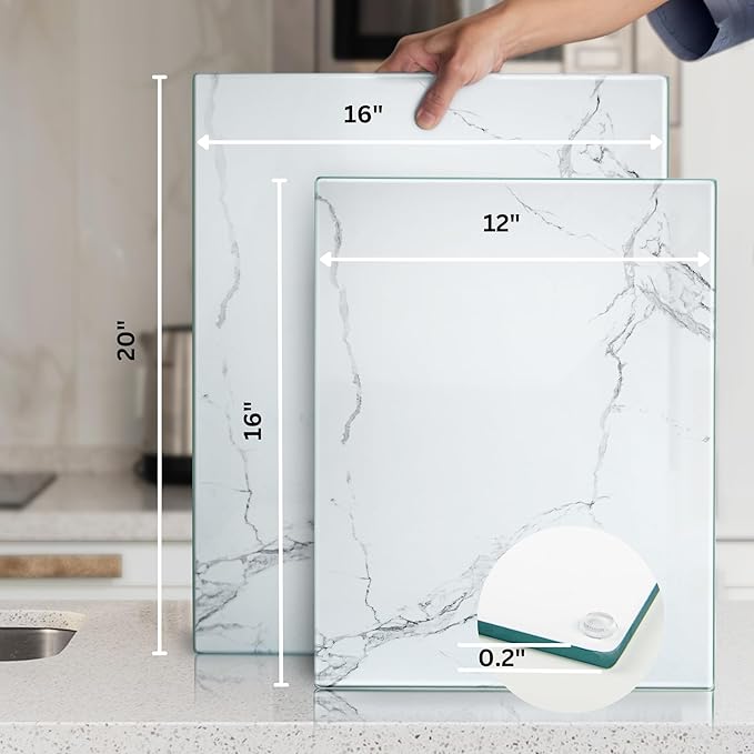 Glass Cutting Board 16"x12": Tempered Glass Kitchen Counter Protector - Durable- Scratch-Resistant, Heat-Proof - Design 2 - White Marble Effect