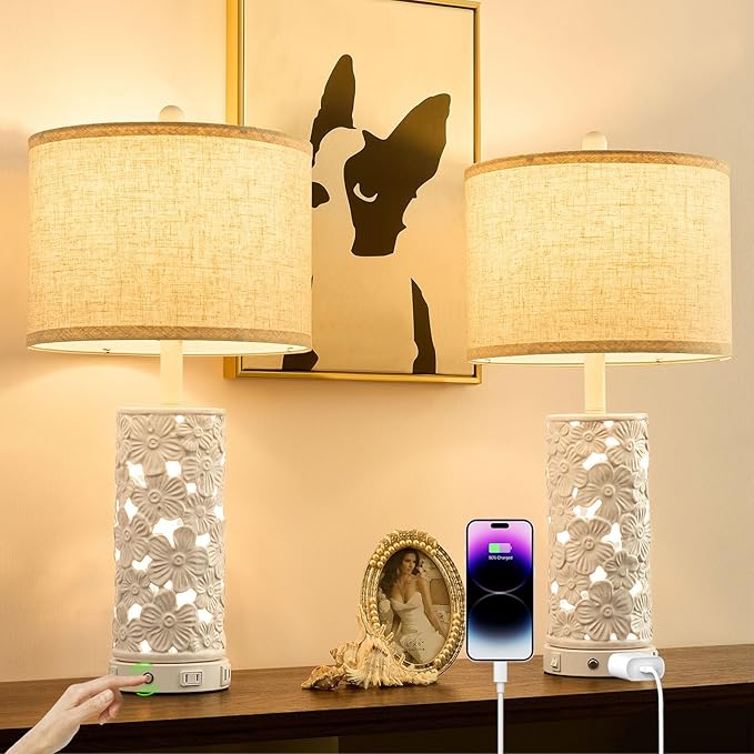 26.5" Farmhouse Table Lamp Set of 2, 3-Way Dimmable Touch Control Bedside Lamps Vintage Rustic Side Table Nightstand Lamps for Bedroom Living Room Study Room (Ceramic-2 Pack)