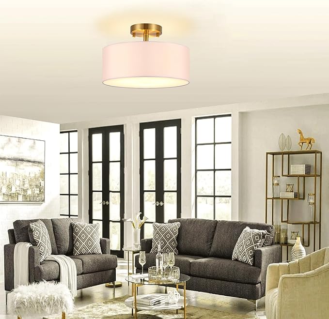 15 Inch Drum Light, Semi-Flush Mount Ceiling Light Fixture White Fabric Drum Shade and Gold Plating Finish,Ceiling lamp for Bedroom, Dining Room, Corridor, Living Room