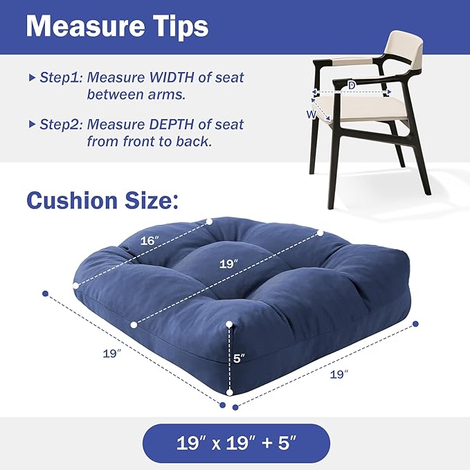 Outdoor Chair Cushions Set of 2, Patio Chair Cushions with Ties, 19x19+5” Tufted Outdoor Seat Cushions, Waterproof Patio Furniture Cushions, Outdoor Dining Chair Pads, Navy