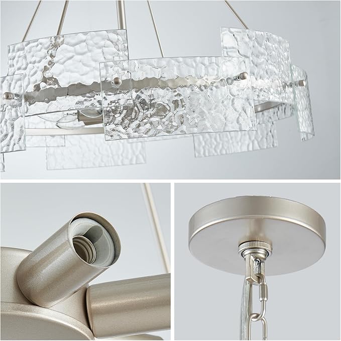 XINGQI Large 8-Light Modern Silver Glass Chandelier 26" Drum Light Fixture Round Water Ripple Pendant Lighting for Dining Room Living Room Kitchen Island Office