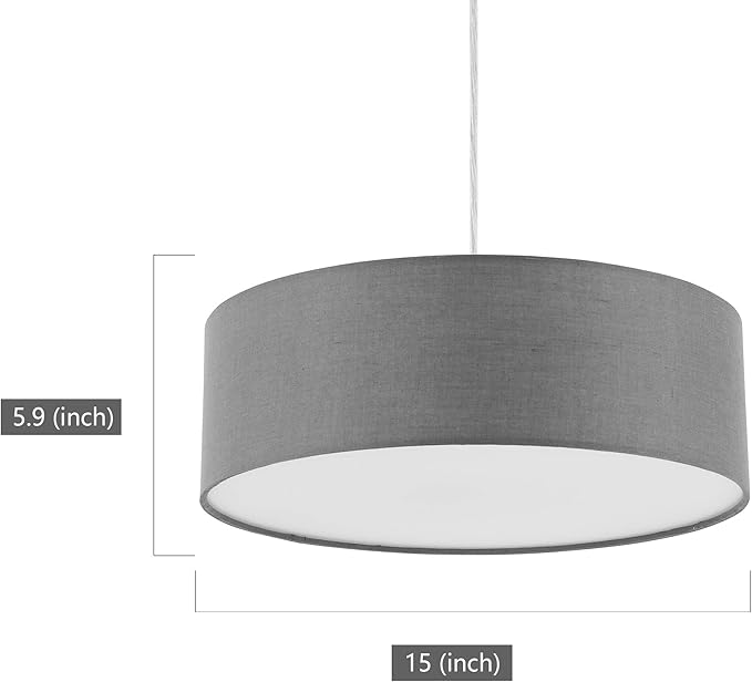SomSom Modern Fabric Pendant Light, 15" Classic 3-Light Drum Ceiling Chandelier, Grey Drum Shade, Round Frosted Acrylic Diffuser, Lamps for Living Room