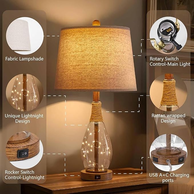 OYEARS 23" USB A+C Table Lamp Set of 2 Modern Bedside Lamps Retro Farmhouse Rattan Glass Nightstand Nightlight Lamps for Bedroom Living Room Dorm,Two Light Points