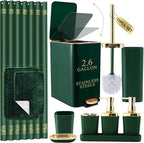 Bathroom Sets with Shower Curtain and Rugs Bathroom Accessories Set Hunter Green Bathroom Set,Soap Dispenser & Toilet Brush Holder Set with Stainless Steel Trash Can