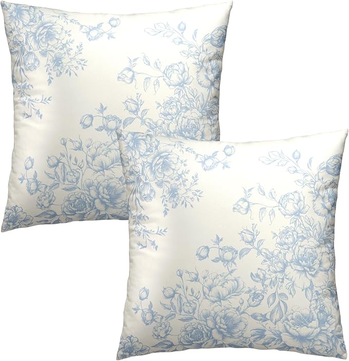 Blue Chinoiserie Throw Pillow Covers 22x22 Inch Set of 2, Vintage Cottage Floral Decorative Square Cushion Cover Pillowcases for Home Couch Sofa Bed Farmhouse Decoration