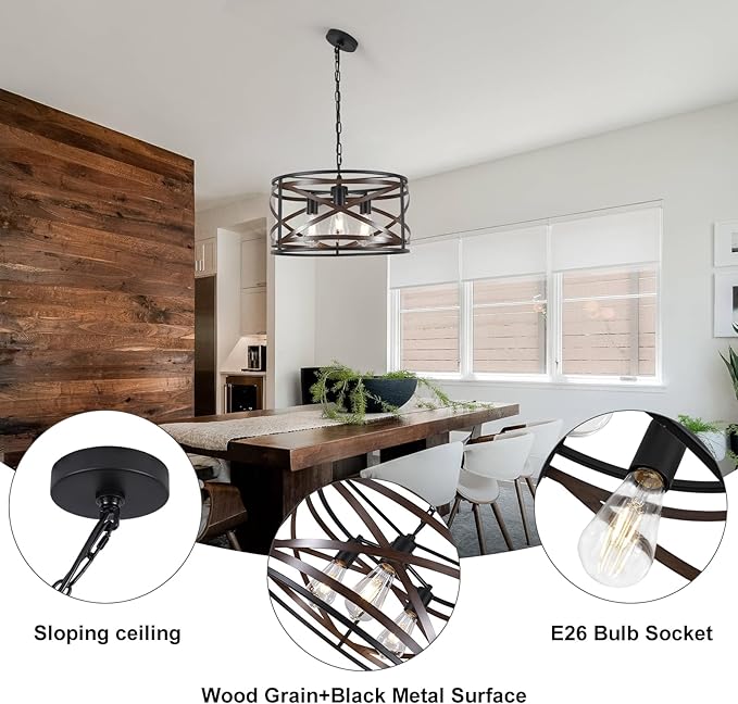 Black Farmhouse Chandeliers for Dining Room, 3-Light 18.5" Drum Chandelier Rustic Wood and Black Metal Hanging Light Fixture for Entryway Kitchen Foyer Bedroom
