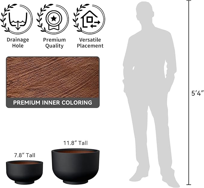 Kante 13.8 Inch Dia Concrete Bowl Planter, Large Tapered Bottom Plant Pot with Drainage, Smooth Black Finish with Warm Brown Interior, Ideal for Porch, Home, Garden, Patio