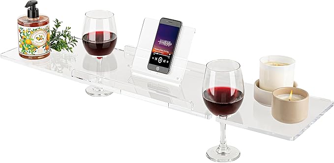 38" Supreme Plus- Luxury Bathtub Tray Caddy- 3/8" Thick, Clear Bath Tub Tray Table for 1 or 2 Bathers, Acrylic Bathtub Caddy, iPad and 2 Wine Glass Holders (Supreme Plus, 38")