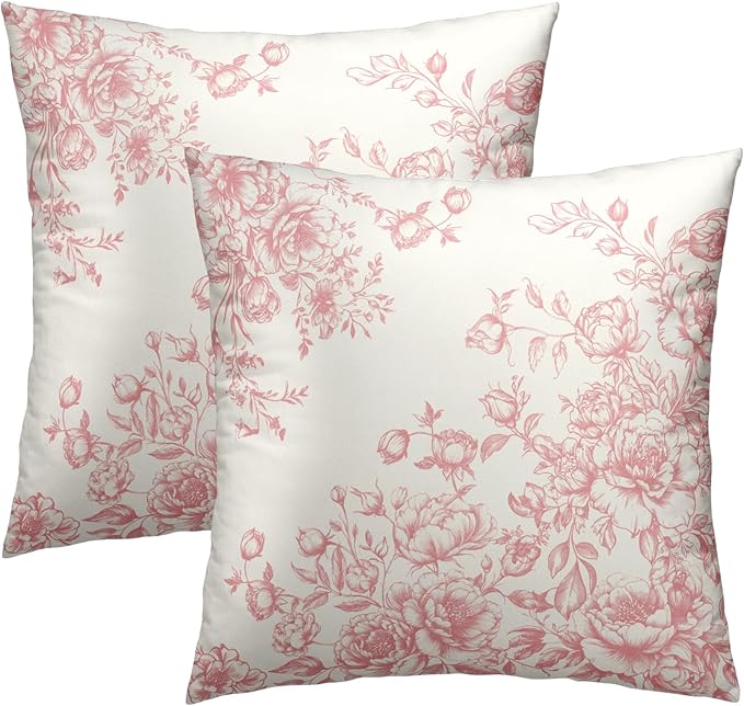 Pink Floral Throw Pillow Covers 18x18 Set of 2, Vintage Flowers Leaves Spring Summer Square Pillowcases Cotton Cushion Cover for Couch Sofa Living Room Bedroom Home Decor