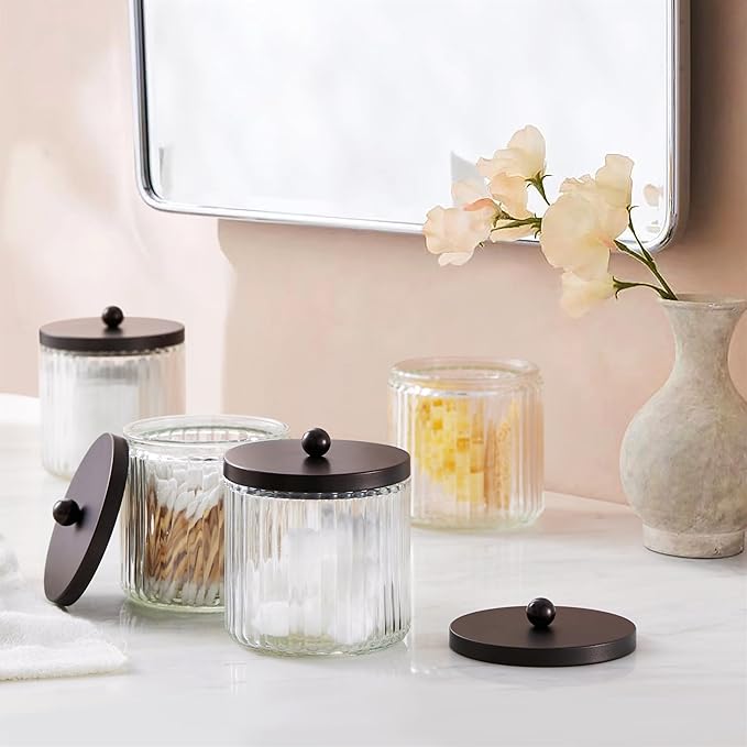 KMwares Set of 2 Glass Qtip Holder Dispenser Set for Cotton Ball, Swab, Round Pads, Floss Picks - Bathroom Canister Storage Organization and Vanity Makeup Organizer (Bronze)