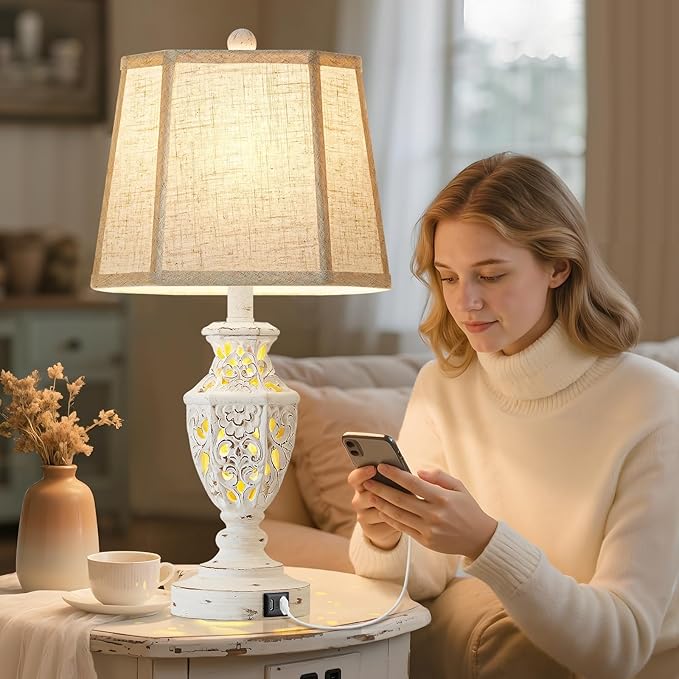 Lamps for Night Stands Set of 2-23.5" Boho Bedside Lamp with USB A+C and Nightlight - Cream Rustic Carved Resin Farmhouse Table Lamp for Bedrooms, End Tables, Living Room, Bulbs Included