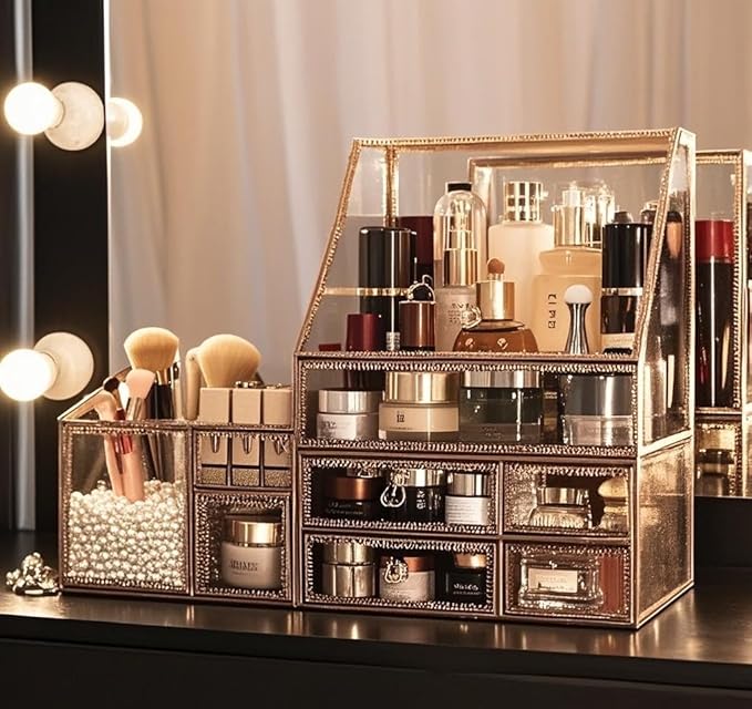 Stackable 3Pieces Drawer Set Glass Makeup Organizer Antique Countertop Vanity Cosmetic Storage Box Mirror Glass Beauty Display, Holder for Brushes Lipsticks Skincare Toner with free Pearl (Brass)