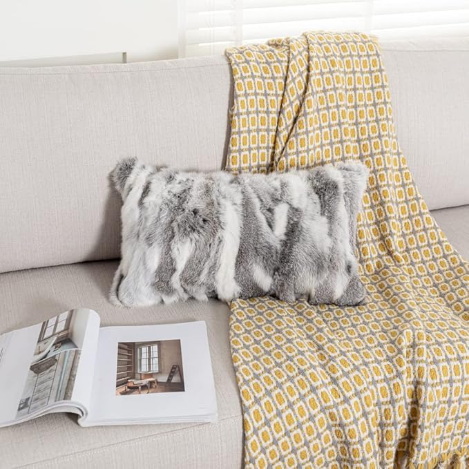 Rabbit Hide Fur Pillow Case Cushion Cover Fur Throw Decorative Animal Skin Pillowcase Home Living Room (Grey, 30×50cm（12in×20in）)