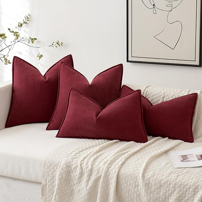 MIULEE Pack of 2 Christmas Burgundy Decorative Pillow Covers 20x20 Inch Soft Chenille Luxurious Couch Throw Pillows Farmhouse Cushion Covers with Elegant Design for Sofa Bedroom Living Room Decor