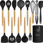 Silicone Cooking Utensils Set Utensil Sets - 446°F Heat Resistant Silicone Kitchen Utensils Set Wooden Handles, Silicone Utensils for Cooking w Holder for Non-Stick Cookware BPA FREE (Black)