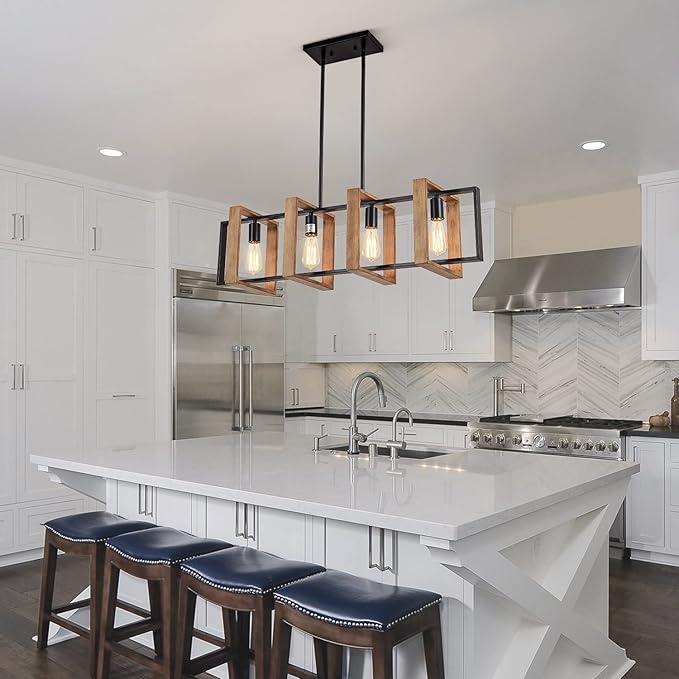 Dining Room Light Fixture Farmhouse Pendant Lights Kitchen Island Rustic Kitchen Light Fixtures 4 Lights Wood and Black Metal Rectangular Chandelier Ceiling Hanging Lighting 35.4"