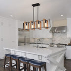 Dining Room Light Fixture Farmhouse Pendant Lights Kitchen Island Rustic Kitchen Light Fixtures 4 Lights Wood and Black Metal Rectangular Chandelier Ceiling Hanging Lighting 35.4"