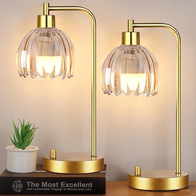 Glass Table Lamp Set of 2,Small Gold Bedside Lamps Dimmable Boho Bedroom Lamp with Tulip Flower Amber Lamp Shade,Vintage Mid Century Modern Mini Nightstand Lamp for Bedroom Living Room