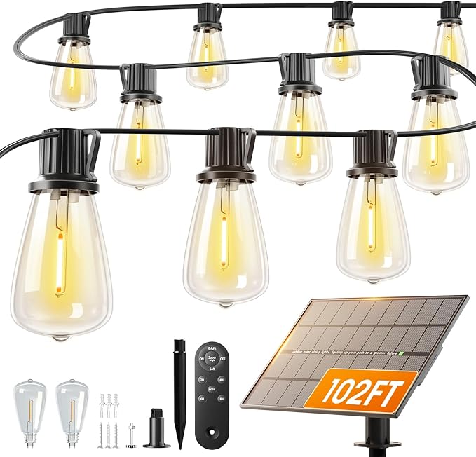 addlon 102FT(96+6) Solar String Lights Outdoor Waterproof with Remote, 30+2 LED Shatterproof Bulbs, 3 Modes, 8H Timeable & Dimmable, Solar Powered Hanging Patio Lights for Garden Backyard Porch Decor