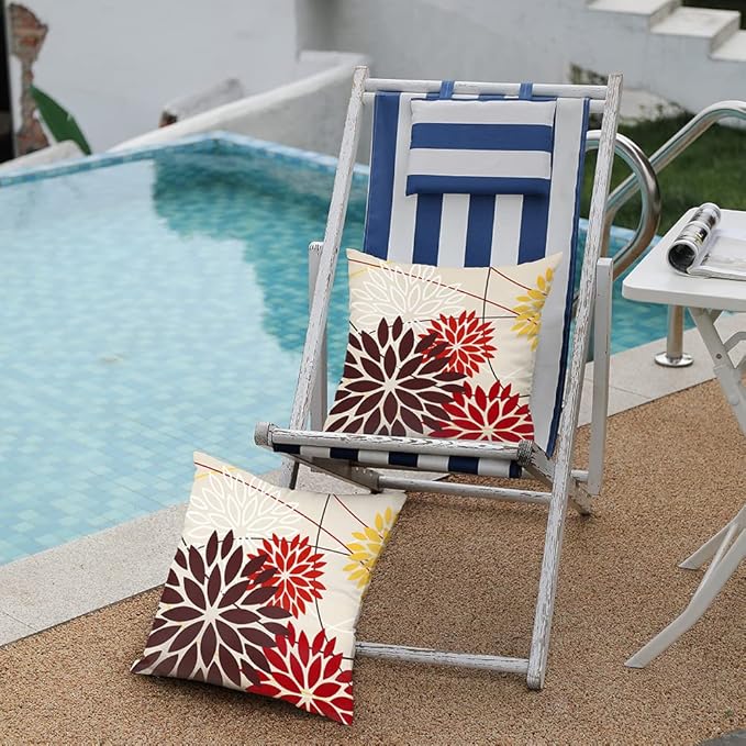 DFXSZ Red Brown Outdoor Pillow Cover 16X16 Inch Set of 2 Outdoor Waterproof Fall Floral Brown Decorative Pillowcase Decor for Couch Patio Funiture Garden Print Polyester Cushion Cover 01K16