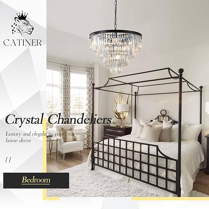 Modern Black Crystal Chandeliers,24” Ceiling Round Chandelier,Luxury Flush Mount Pendant Light Fixture with Chain Farmhouse 4 Tiers K9 Chandelier for Dining Room Bedroom Foyer