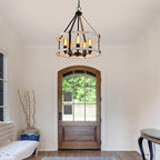 5-Light Farmhouse Chandelier, 17.7 Inch Rustic Black and Vintage Wood Finish Chandeliers for Dining Room Light Fixture, Adjustable Height Hanging Light for Kitchen Island, Entryway, Living Room