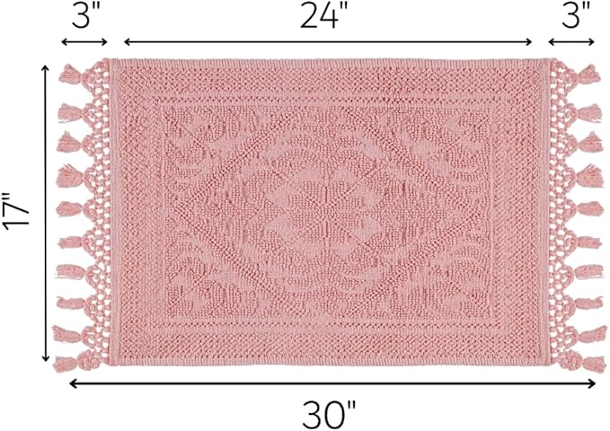 Savi Home Cotton Woven Jacquard Bathroom Rug, Woven Fringe Bathroom Mats, 100% Cotton, Non - Slip Bath Mat, Durable Thick Bath Mat 17”x30” with Fringes, Baby Pink