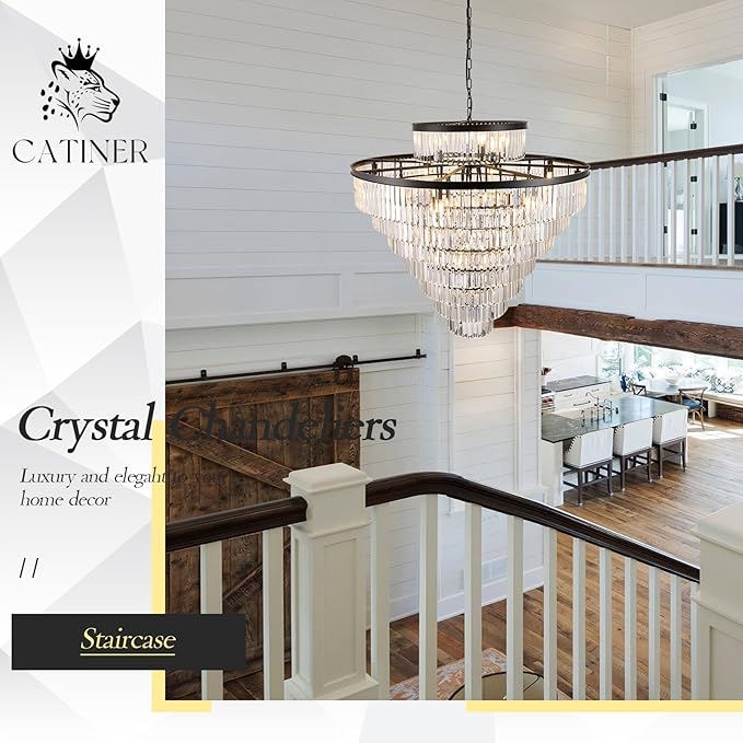 43.3" Large Crystal Chandeliers 28 Lights Black Modern Chandelier for Foyer Staircase High Ceiling 8 Tiers Round K9 Ceiling Pendant Lighting Fixture Luxury for Lobby Living Room