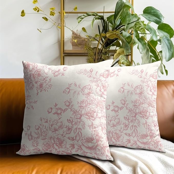 Pink Chinoiserie Throw Pillow Covers 22x22 Inch, Set of 2 Grand Millennial Style Floral Decorative Pillowcases Square Cushion Cover for Sofa Couch Bed Living Room Home Decor