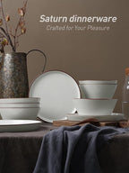 Famiware Saturn Dinnerware Sets, Speckled Plates and Bowls Sets for 4, 12 Pieces Stoneware Dish Set - Chip and Scratch Resistant, Microwave and Dishwasher Safe Tableware Set, White with Rim