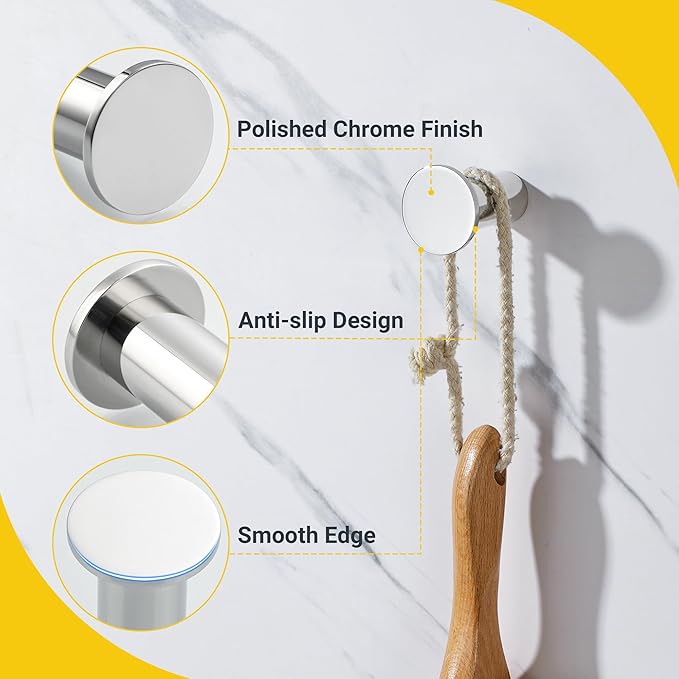 SAYAYO Chrome Towel Hooks for Bathrooms, Heavy Duty Wall Hooks for Hanging, Modern Coat Hook Robe Hook SUS 304 Stainless Steel 4 Pcs