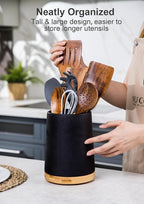 Nucookery 360° Rotating Utensils Holder, 8.2" Extra High Large Ceramic Kitchen Utensil Holder with Countertop-Protection Cork Bottom, Farmhouse Kitchen Decor for Counter (Stone Black)