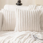 MOSAYT Faux Fur Double Throw Pillow Covers 16x16, Set of 2, Plush Velvet Soft Pillow Case,Fluffy Striped Decorative Couch Pillow Covers for Sofa, Bedroom, Living Room(Cream White)
