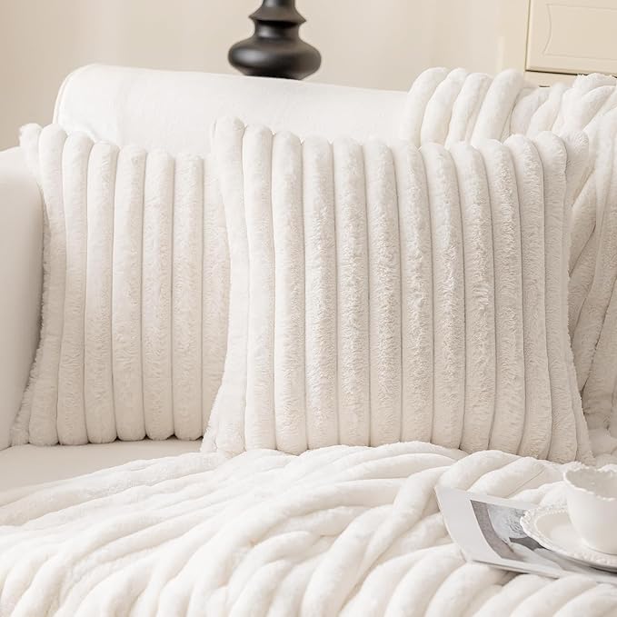 MOSAYT Faux Fur Throw Pillow Covers 16x16, Set of 2, Plush Velvet Soft Pillow Case,Fluffy Striped Decorative Couch Pillow Covers for Sofa, Bedroom, Living Room(White)