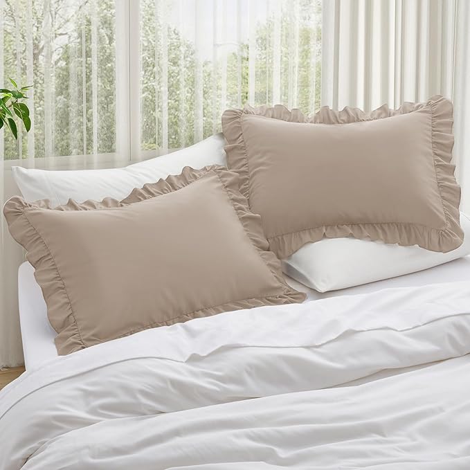 KKJIAF Ruffle Pillow Cases King Size Set of 2, Ruffled Pillow Covers with Envelope Closure, Wrinkle Resistant Pillowcases 20" x 36", Ruffled Pillow Shams, Khaki
