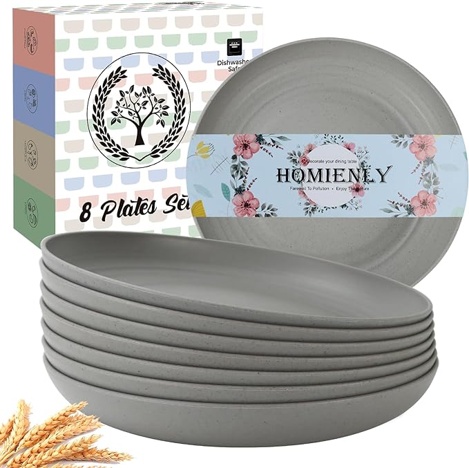 Homienly Dinner Plates Set of 8 Premium Wheat Straw Plate Alternative for Plastic Plates Lightweight Round Plate Set Microwave and Dishwasher Safe Plates for Kitchen Unbreakable (Grey, 10 inch)