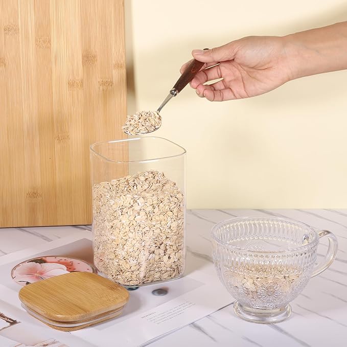 Glass Storage Jars Squar 8 Pack 26 oz Clear Glass Food Storage Containers with Airtight Bamboo Lid Stackable Kitchen Canisters for Candy,Cookie,Rice,Sugar,Flour,Pasta,Nuts and Spice Jars(Square)