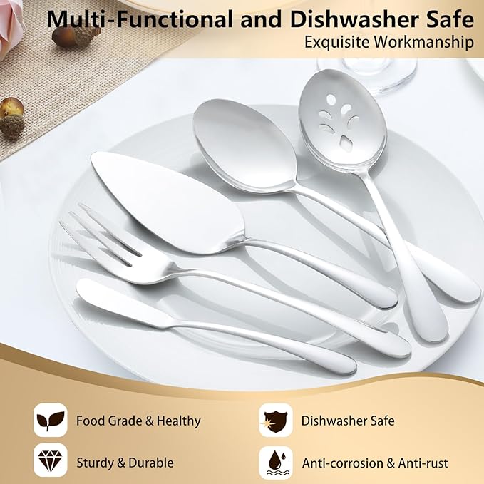 Pleafind 65-Pieces Silverware Set for 12 with 5 Serving Utensils,Stainless Steel Cutlery Set, Include Forks Spoons and Knives Set, Mirror Polished Utensil Sets for Home Restaurant,Dishwasher Safe